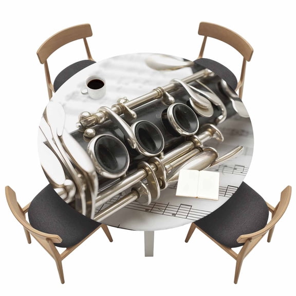 Musical Instrument Fitted Tablecloth with Elastic Edged, Round Table Cloth for Dining Table, Saxophone Sheet Music Elegant Art Waterproof Oil Proof Table Cover for Indoor Outdoor 36"-44"