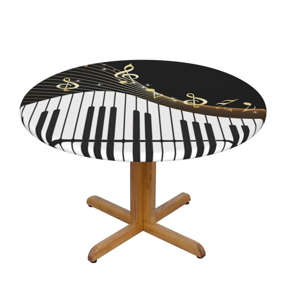 Musical Instrument Notes Fitted Tablecloth Round with Elastic Edged, Waterproof Wipe Clean Table Cover for Outdoor Indoor Patio Kitchen - Fits Tables 45" to 50" Diameter