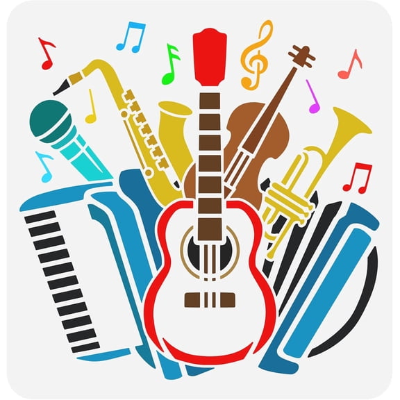 Musical Instrument Stencil 11.8x11.8inch Reusable Instrument Combination Painting Stencil Violin Guitar Organ Saxophone Piano Microphone Template