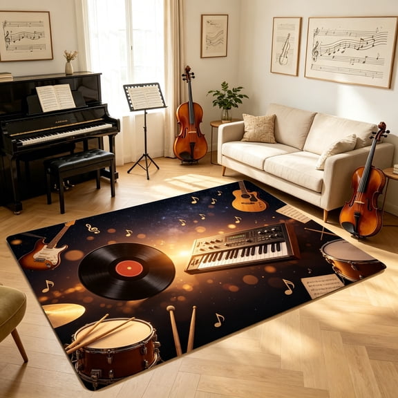 Musical Instrument Vinyl Percussion String Printed Floor Mat, Living Room Kitchen Bedroom Non Slip Mat, Holiday Festival Gift for Music Fans