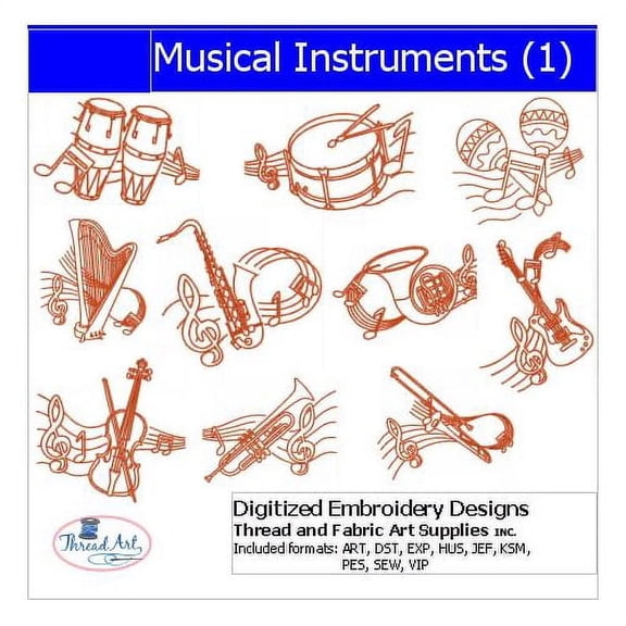 Musical Instruments(1) Embroidery Designs - All Popular Formats Included - Loaded on USB Stick