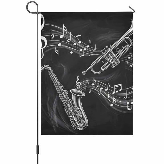 Musical Instruments Garden Flag 12 x 18 Inches, Modern Minimalist Vintage Saxophone Notes Weather Proof Outdoor Patio Flags Double Sided Small Garden Decoration for Yard Outside Home