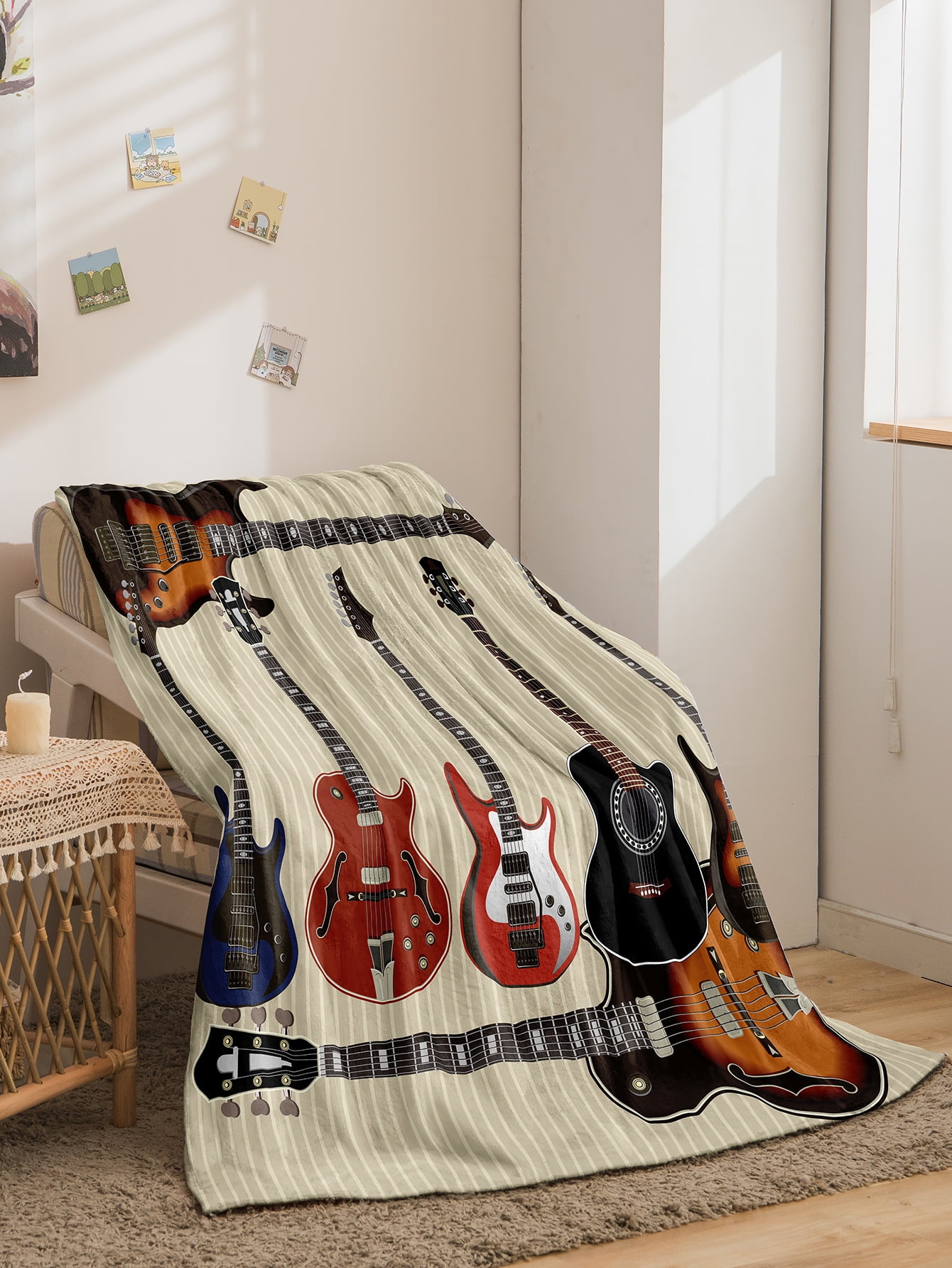 Musical Instruments Guitar Blanket Soft Warm Print Throw Black Blanket