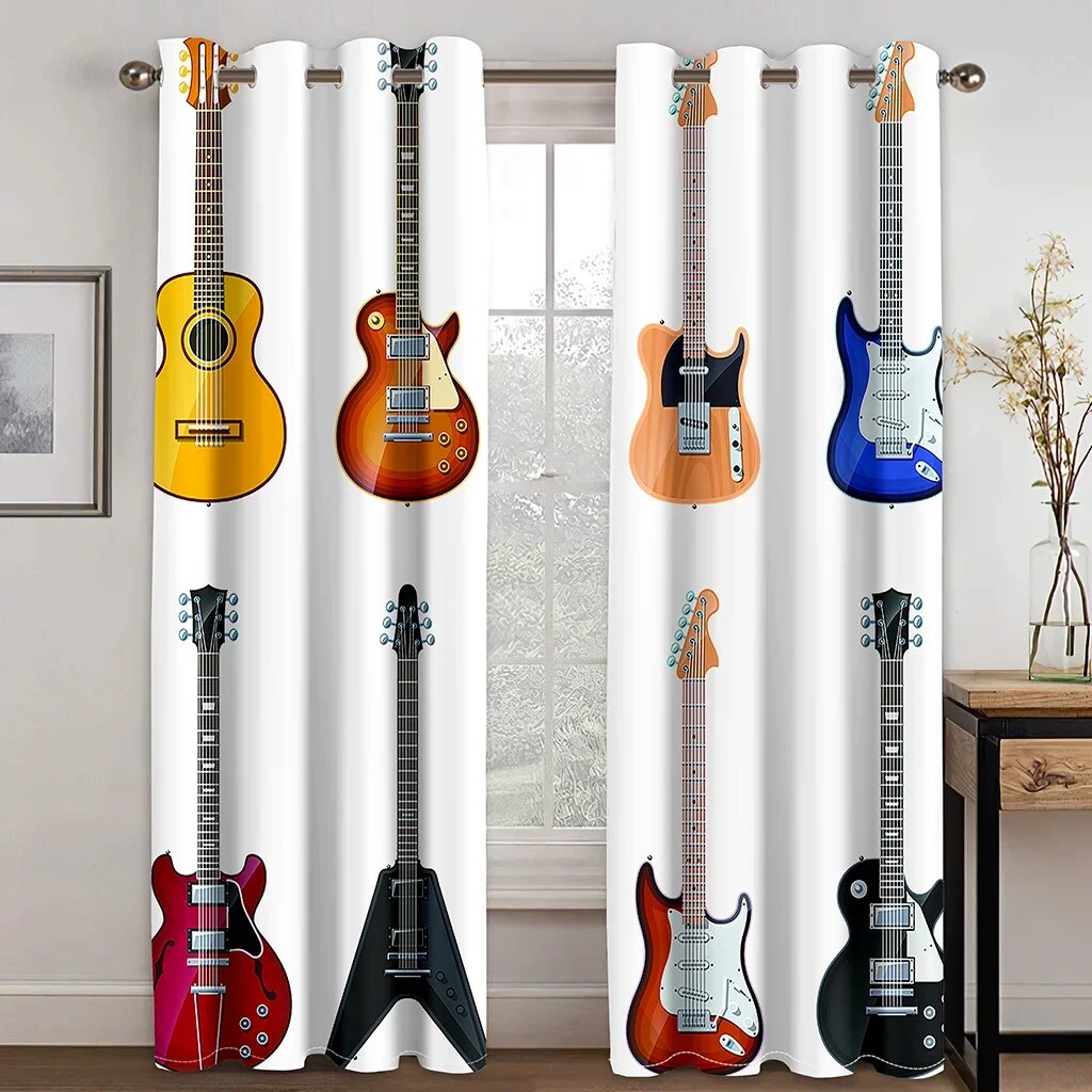 Musical Instruments Guitar Shelf Drum Curtains 2 Panel Music Lovers