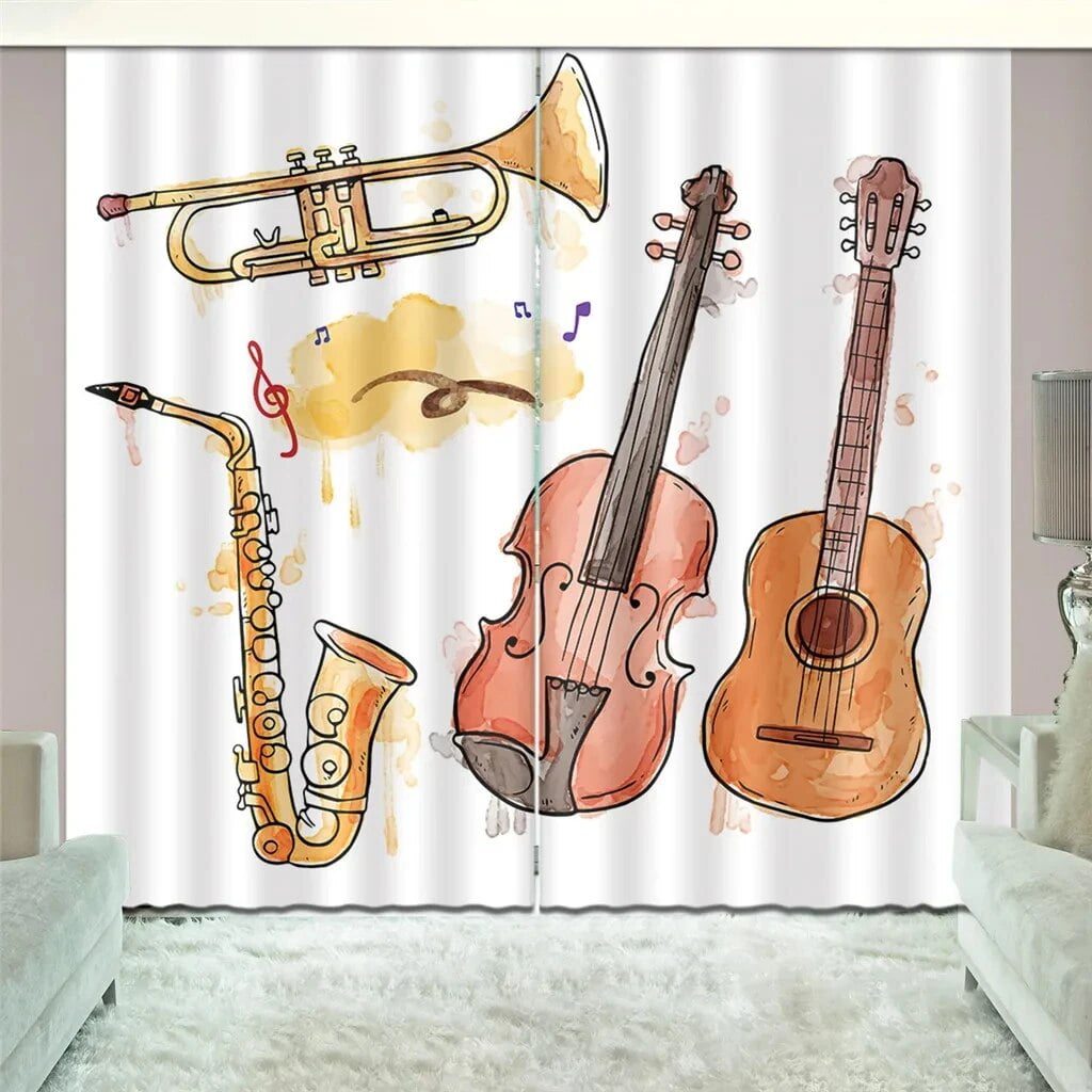 Musical Instruments Guitar Shelf Drum Curtains 2 Panel Music Lovers