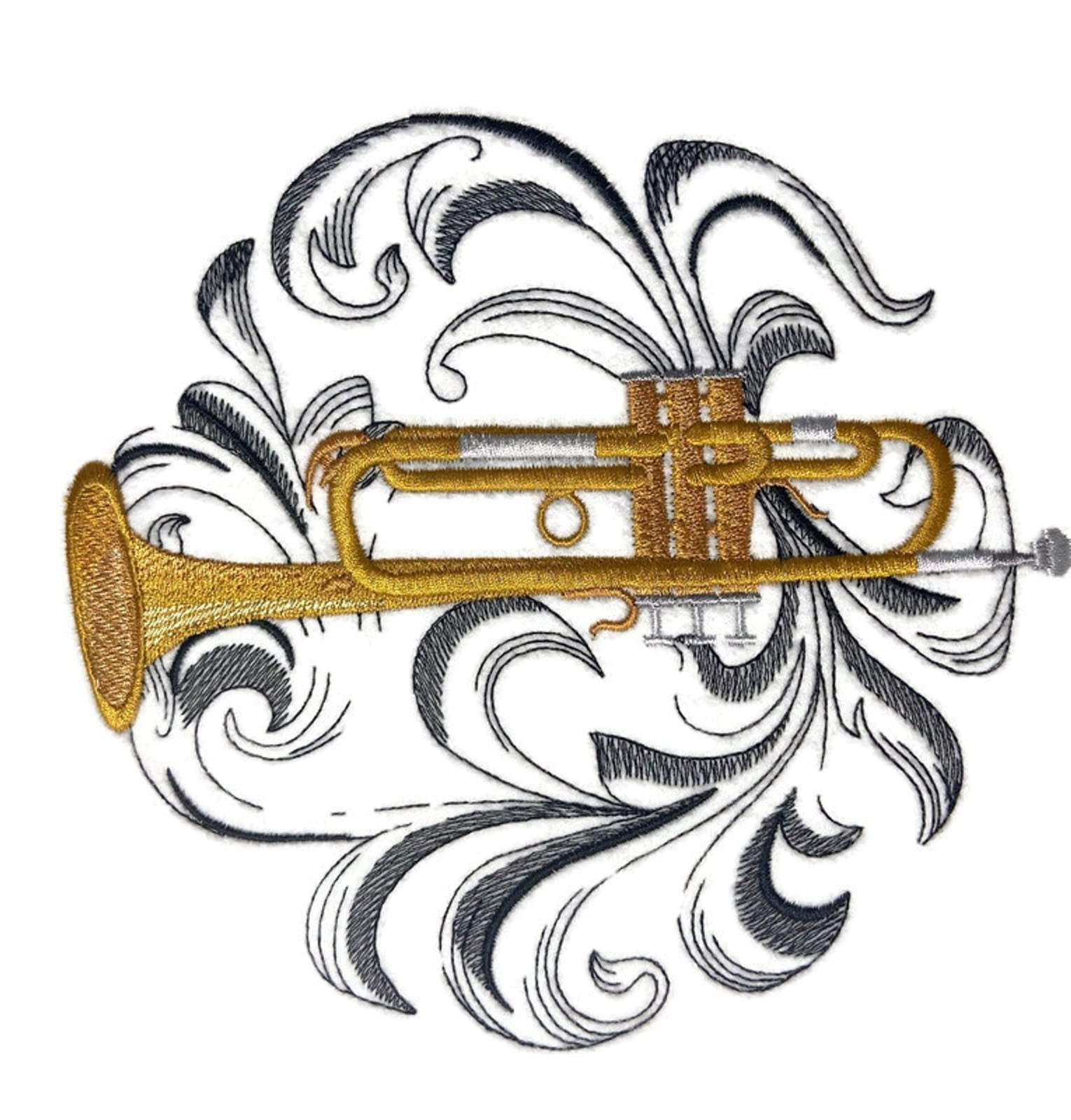 Musical Instruments [ Trumpet with Baroque Background ][Custom and Unique] Embroidered Iron on/Sew Patch (7.15" x 6.87") [Made in USA]