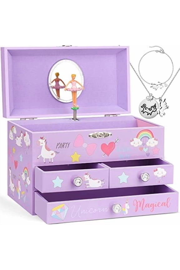 Musical Jewelry Box for Girls 3 Layer Music Box with Drawers Spinning Ballerina Unicorn Design Included Unicorn Jewelry Set Kids Birthday Christmas Gifts for Girls, Purple