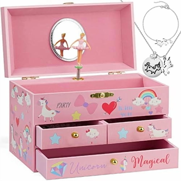 Musical Jewelry Box for Girls 7.5x4.8x4.5 inch with Spinning Ballerina Unicorn, 3 Pullout Drawers, Unicorn Jewelry Set Included Kids Music Box for Christmas Gift, Waltz of Flowers Tune