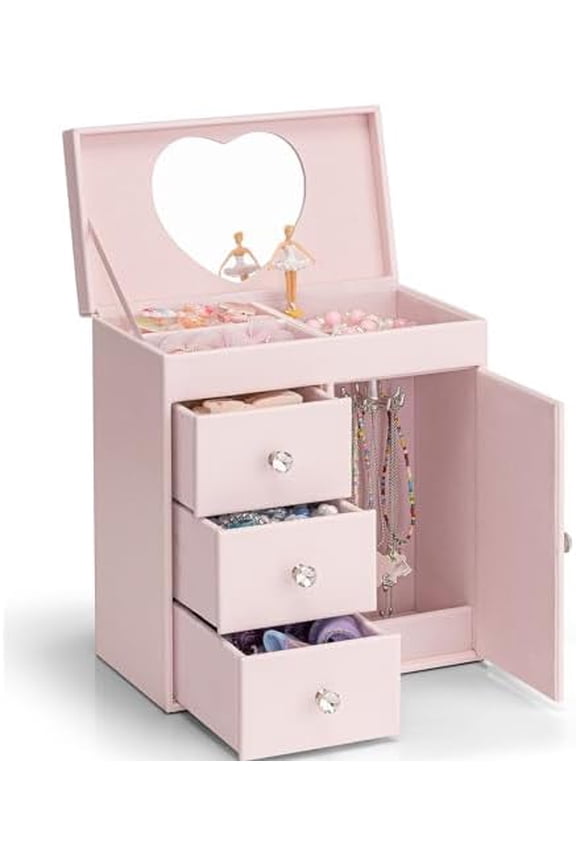 Musical Jewelry Box for Girls, Large Kid Music Box with Ballerina for Birthday Bedroom Decor, 4 Layer Girl Jewelry Gifts for Girls Kids - Light Pink