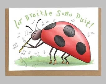 Musical Ladybug Greeting Card - "La Brithe Son Duit!" - Fun Flute-Playing Design Blank Inside for Personal Touch Perfect for Birthdays, Celebrations, and Cheerful Greetings