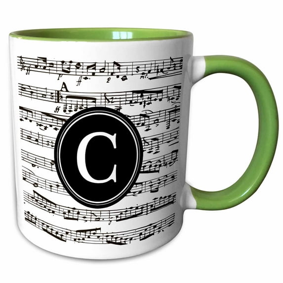 3drose, Musical Letter C Black and White Music Monogram Personalised Initial C, 11oz Two-tone Green Mug