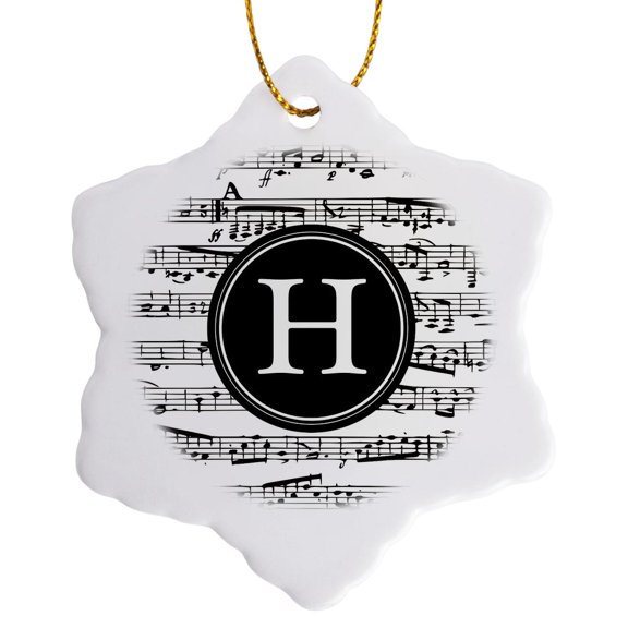 3drose, Musical Letter H Black and White Music Monogram Circular Initial H, 3 inch Snowflake Porcelain Ornament