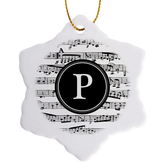 3drose, Musical Letter P Black and White Music Monogram Personalized Initial P, 3 inch Snowflake Porcelain Ornament