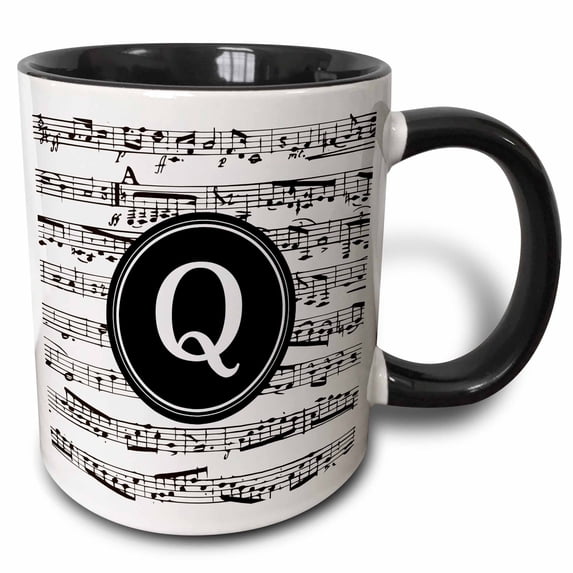 3drose, Musical Letter Q Black and White Music Monogram Personalized Initial Q, 15oz Two-tone Black Mug
