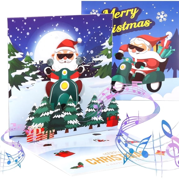 Musical Light-Up 3D Santa Motorcycle Pop-Up Christmas Card - Sings "Rocky Jingle Bells", LED Lights, Envelope Included, Eco-Friendly Gift