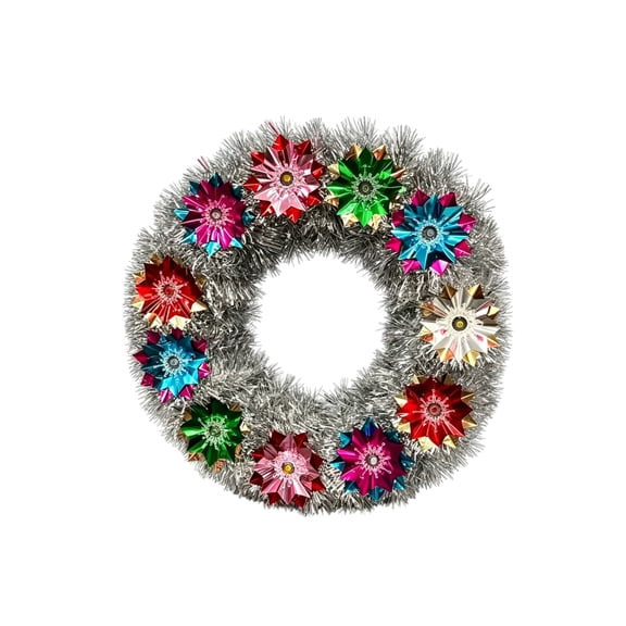 Musical Lighted Vintage Christmas Wreath, Battery Operated Tinsel Wreath with LED Lights, Foil Reflectors and Classic Christmas Carols, Retro Holiday Door Decor