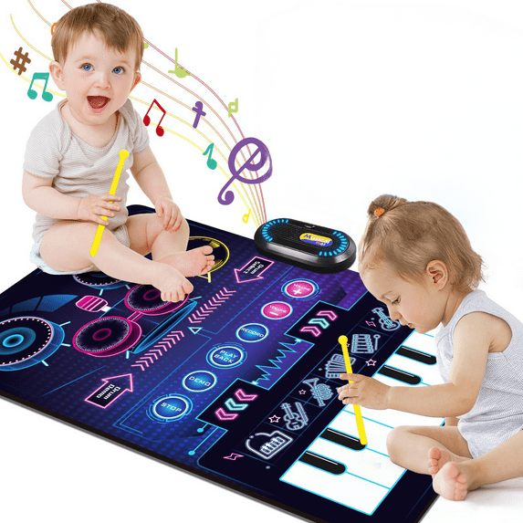 Musical Mat Baby Toys for 1 Year Old Kids, 2 in 1 Musical Toys Toddler Piano & Drum Mat with 2 Sticks, Baby Musical Mat, Gifts for 1 2 3 Year Old Boys Girls