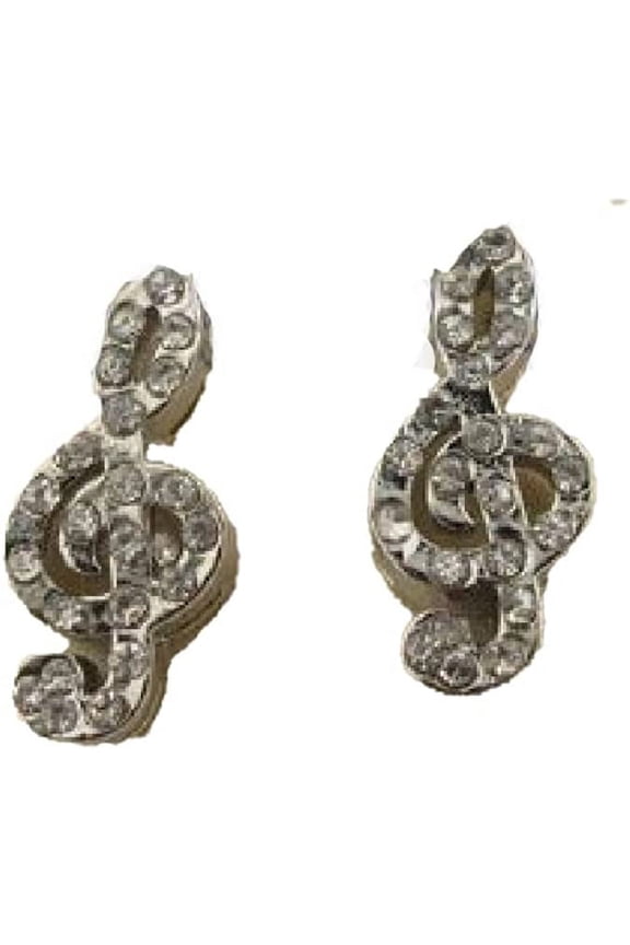 Musical Music Clef Note DJ Silver Tone CZ Stud Hip Hop Bling Earrings