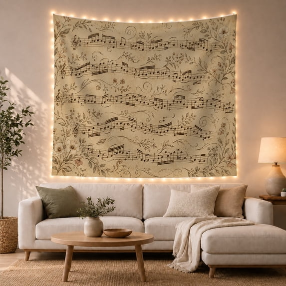 Musical Notation and Floral Vines Against Aged Parchment, Nostalgic Vintage for Music Lovers, Music Wall Art, Housewarming Gift Tapestry Wall Hanging for Bedroom and Study Room