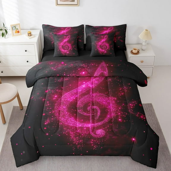 Musical Note 7 Pieces Bedding Set King,Starry Rose Pink Sequins Print (Not Real) Chic Bed in a Bag for Adults,Romantic Glitter Music Theme Fashion Comforter Set with Sheets,Pillow Covers