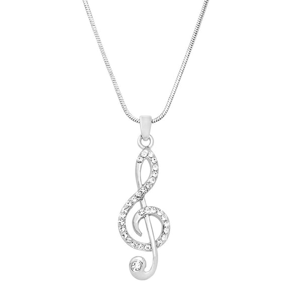 Musical Note Pendant Necklace Clear Rhinestone Crystal Rhodium Plated 17 Inch Snake Chain J0253-CR