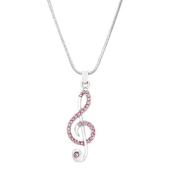 Musical Note Pendant Necklace Pink Rhinestone Crystal Rhodium Plated 17 Inch Snake Chain J0253-PK