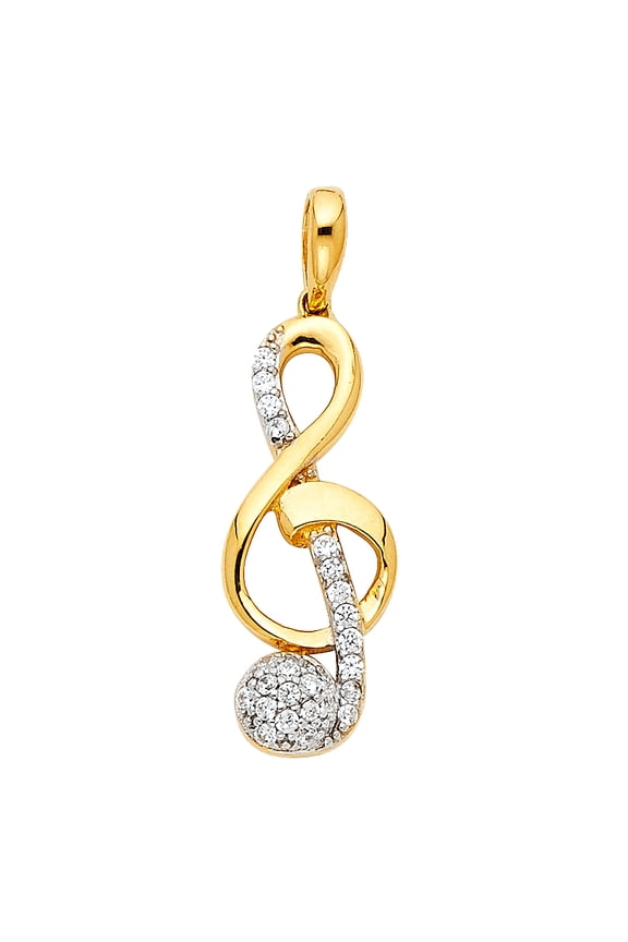 Musical Note Pendant Solid 14k Yellow Gold Treble Clef Charm CZ Fashion Style Curve S Fancy 9 x 21 mm