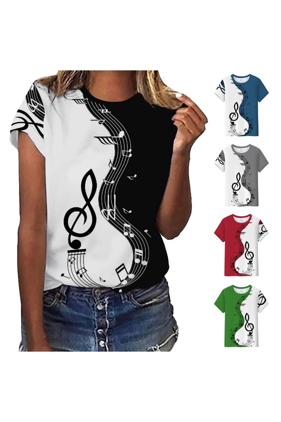 Musical Note Print T Shirts for Women Crew Neck Short Sleeve Tees Summer Breathable T Shirt Blue M