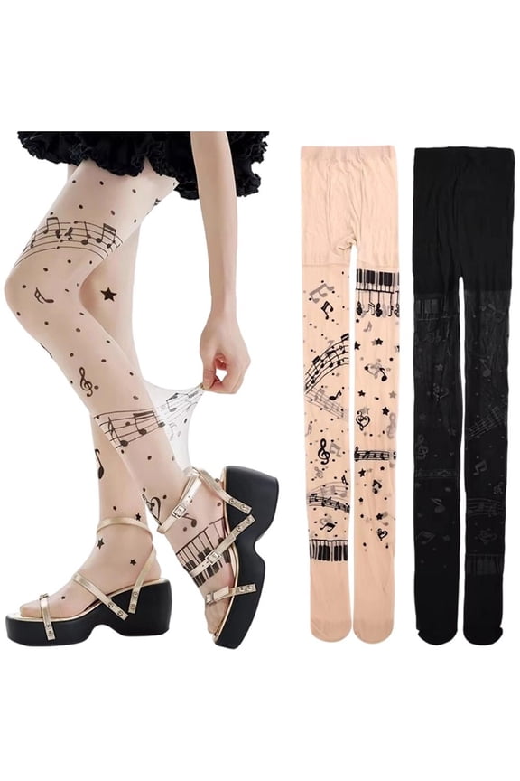 Musical Note Printed Y2K Tights Sheer Stretch Nylon Pantyhose Women Aesthetic Streetwear Stockings Charm Accessories