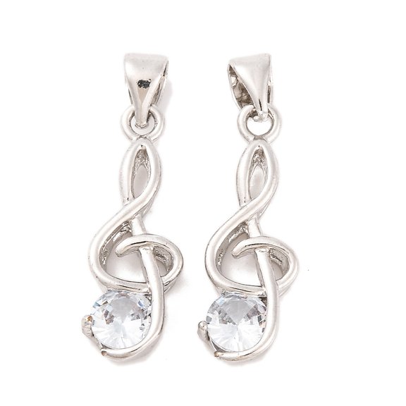 Musical Note Real Platinum Plated Brass Cubic Zirconia Pendants 21.5x8x3.5mm Hole: 4x3.5mm