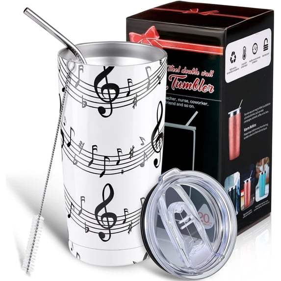 Musical Note Tumbler, 20oz Music Travel Mug with Lid Straw and Brush Stainless Steel Tumbler Cup with Gift Box for Music Lovers Singers Teacher Christmas Gifts(Notes Style)