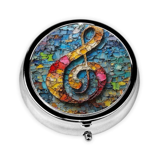 Musical Notes Art Mini Round Pill Box Portable Small Pill Case Organizer with 3 Compartments for Pocket Purse