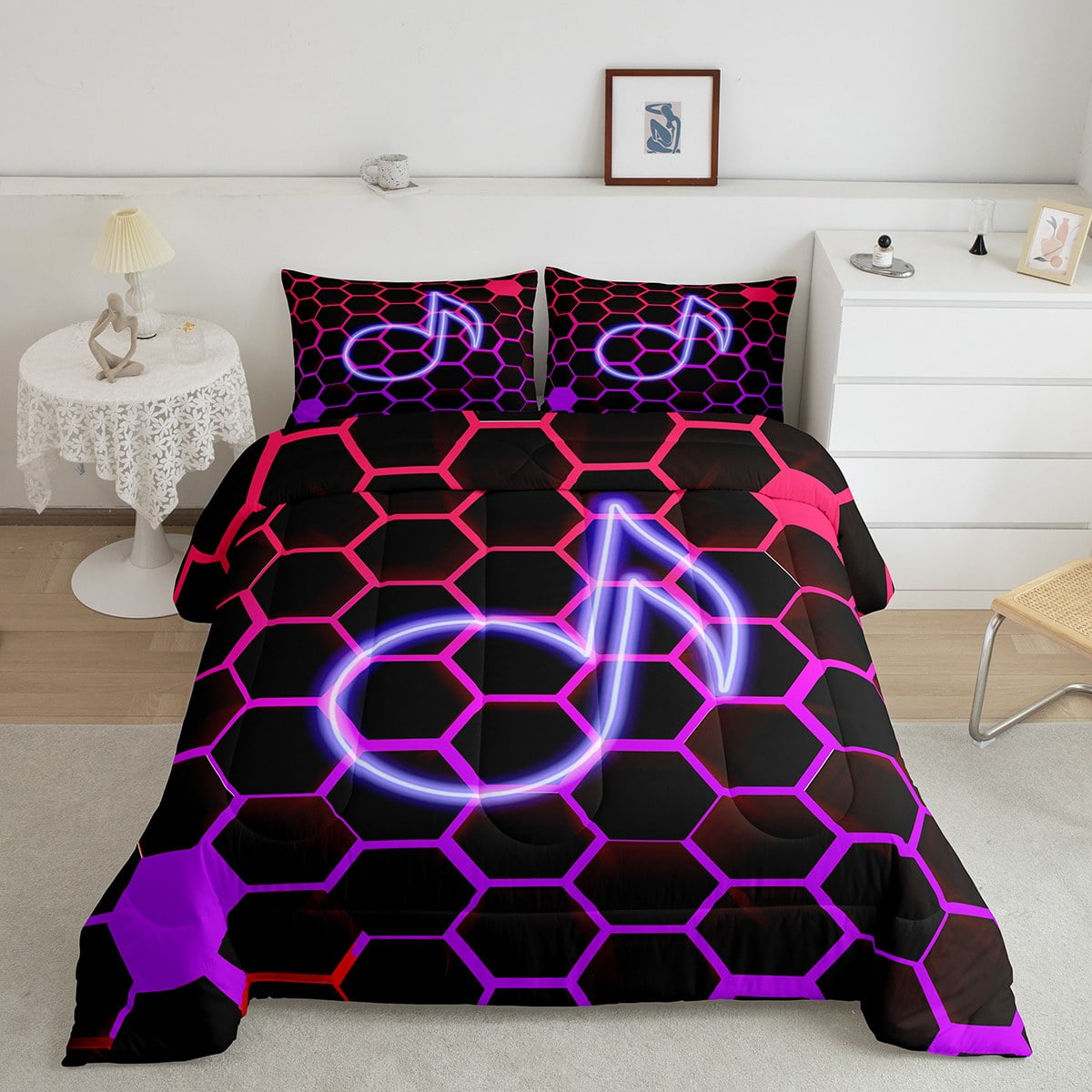 Musical Notes Bedding Full Black Purple Comforter Set, Neon Gradient