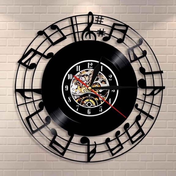 Musical Notes Clef Music Studio Home Decor Bedroom Interior Wall Clock Music Icons & Symbols Rock n Roll Vinyl Record Wall Clock