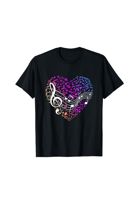 Musical Notes Heart Treble Clef Music T-Shirt Black Tee