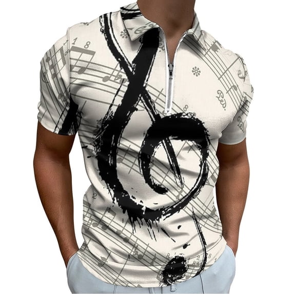 Musical Notes Men Zipper T-shirt Summer Casual Short Sleeve T-shirt Top