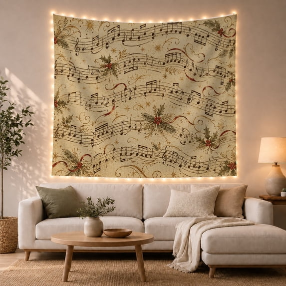 Musical Notes on Parchment with Holly Berries, Nostalgic Vintage for Music Lovers, Music Wall Art Decor, Christmas Gift, Tapestry Wall Hanging for Bedroom and Living Room
