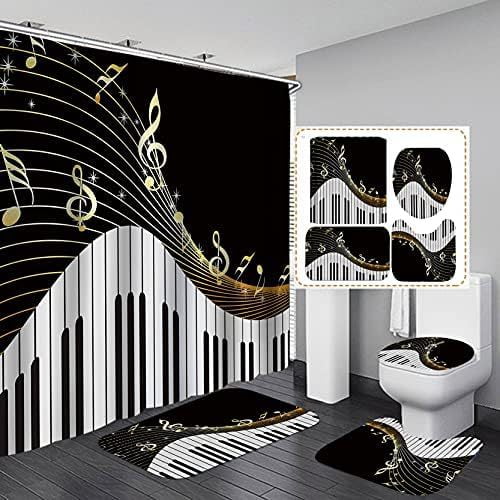 Musical Notes Piano Key Music Shower Curtain Waterproof Cloth Polyester Bath Curtain Bathtub Curtains, Bathroom Carpet Bath Mat Toilet Rugs, Modern Bathroom Decor, Black & Gold
