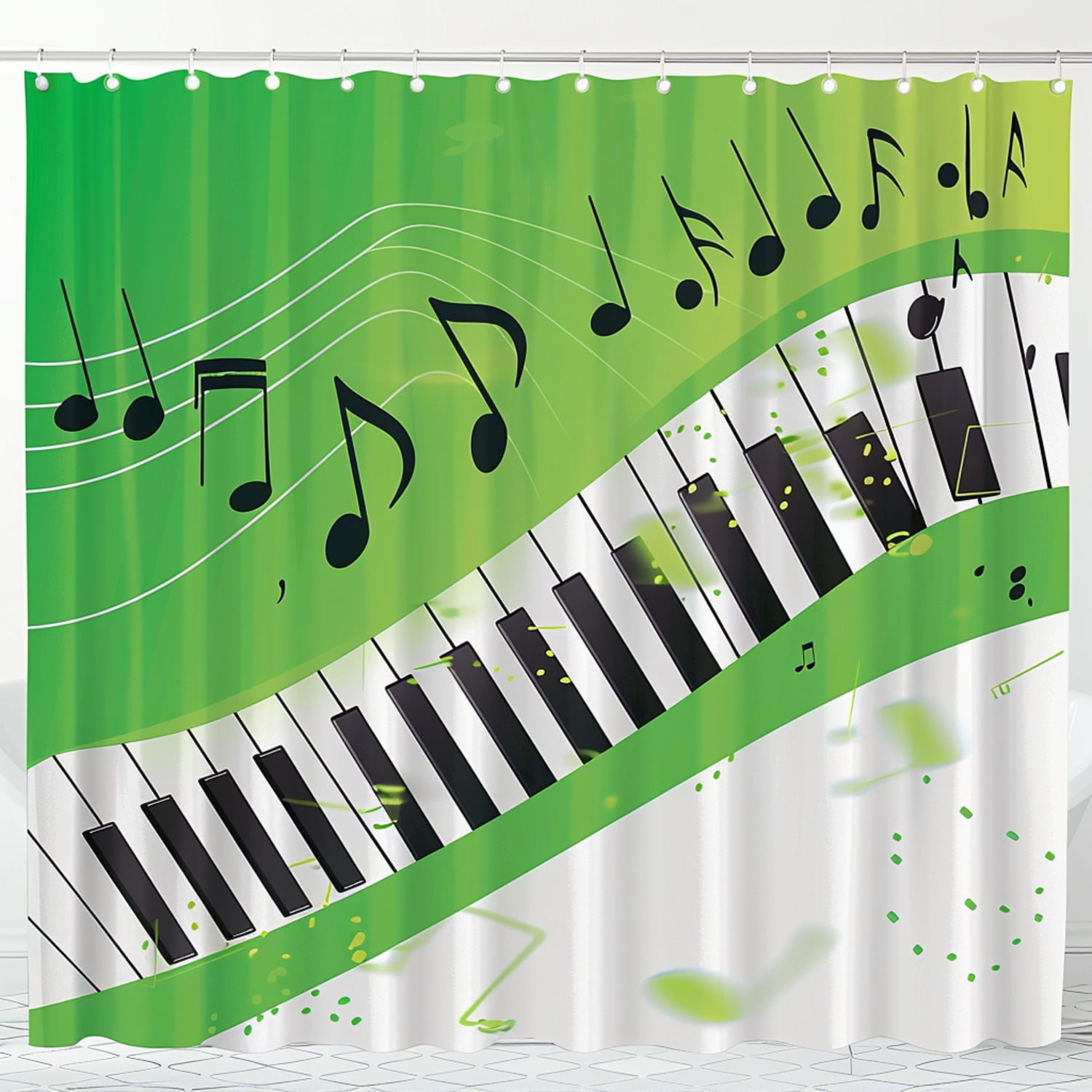 Musical Notes Piano Keys Shower Curtain Green Background Bathroom Decor