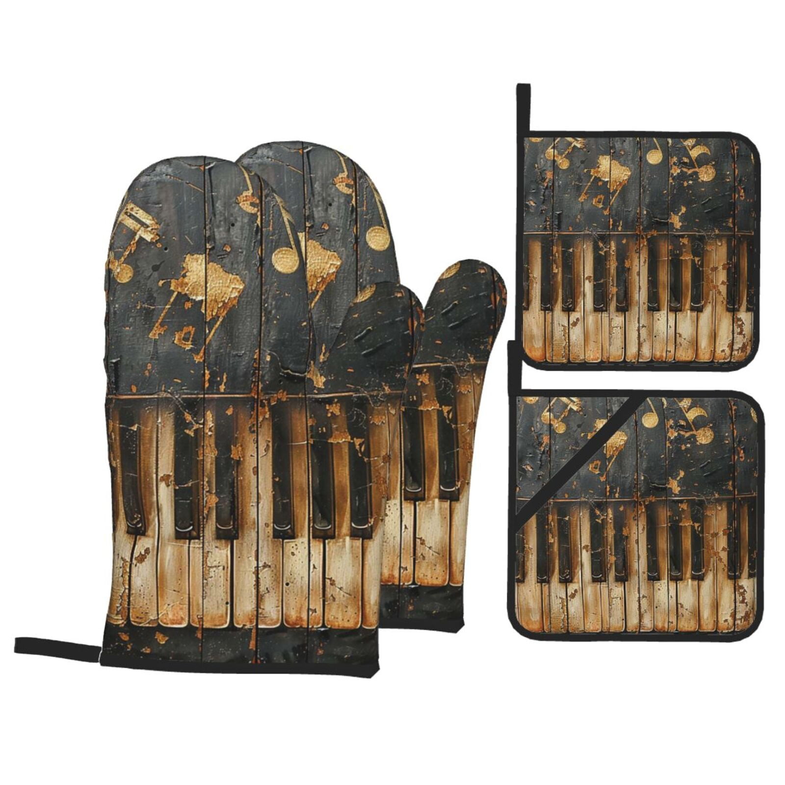 Musical Notes Piano Vintage Golden 4Pcs Oven Mitts and Pot Holders Sets Oven Kitchen Gloves Hot Pads for Cooking BBQ Baking Grilling