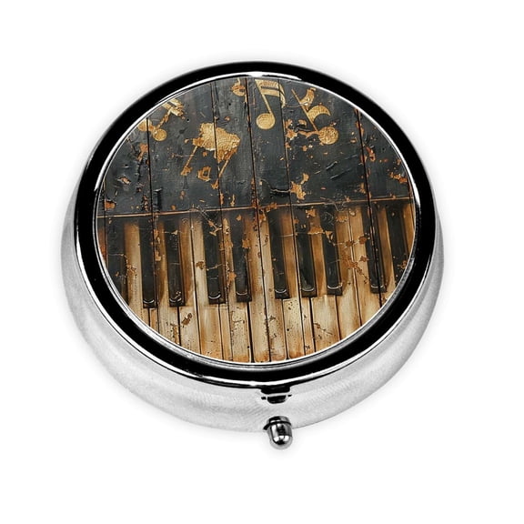 Musical Notes Piano Vintage Golden Mini Round Pill Box Portable Small Pill Case Organizer with 3 Compartments for Pocket Purse
