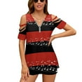 thumbnail image 1 of Musical Notes Red And Black Background Womens Summer V Neck Zipper Top Short Sleeve T Shirt Off Shoulder Top Casual Classy Loose Shirts, 1 of 7