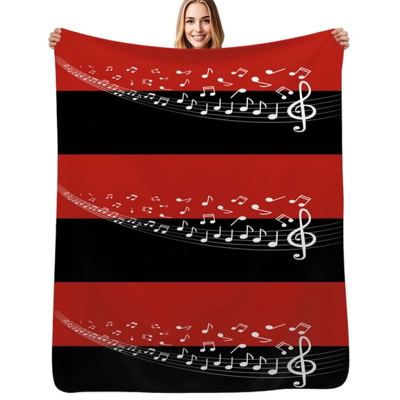 Musical Notes Red and Black Background Flannel Blankets Soft Throw Blanket Winter Travel Office Outdoor Bedspread