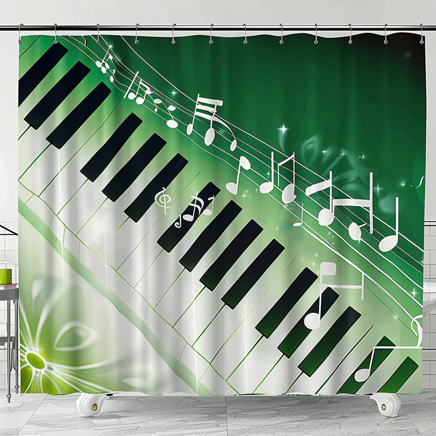 Musical Notes Shower Curtain Futuristic Piano Keys Design Green