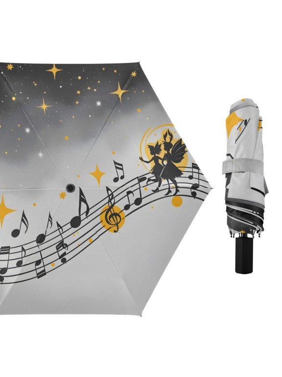 Musical Notes Stars Fairies on Stave All Weather Umbrella Triple Folding Parasol 6 Ribs UV Protection Portable