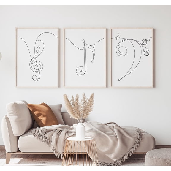Musical Notes . Treble clef Eighth Note and Bass clef. Minimalist Line Drawing Music Wall Art Print Black White., Poster Only