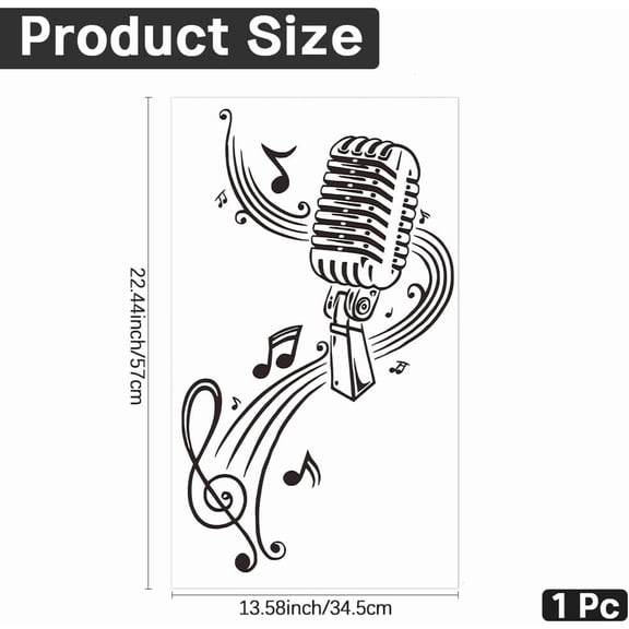 Musical Notes Wall Stickers Black Living Room Decals Microphone 22 x 13 Inch Large PVC Vinyl Self Adhesive Art Aesthetic Studio Mural Peel Decals for Home Classroom School Wall Window Decor