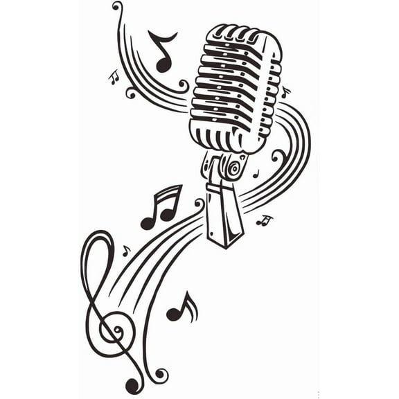 Musical Notes Wall Stickers Black Living Room Decals Microphone 22 x 13 Inch Large PVC Vinyl Self Adhesive Art Aesthetic Studio Mural Peel Decals