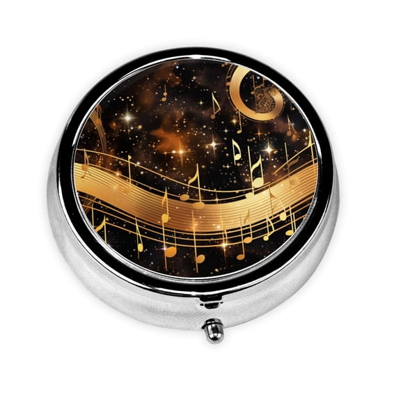 Musical Notes With PianoGolden Mini Round Pill Box Portable Small Pill Case Organizer with 3 Compartments for Pocket Purse