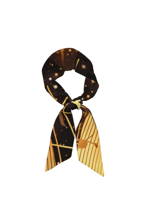 Musical Notes With PianoGolden Satin Scarf Silky Neck Hair Scarf Shawl Wrap, Headband Handbag Accessory